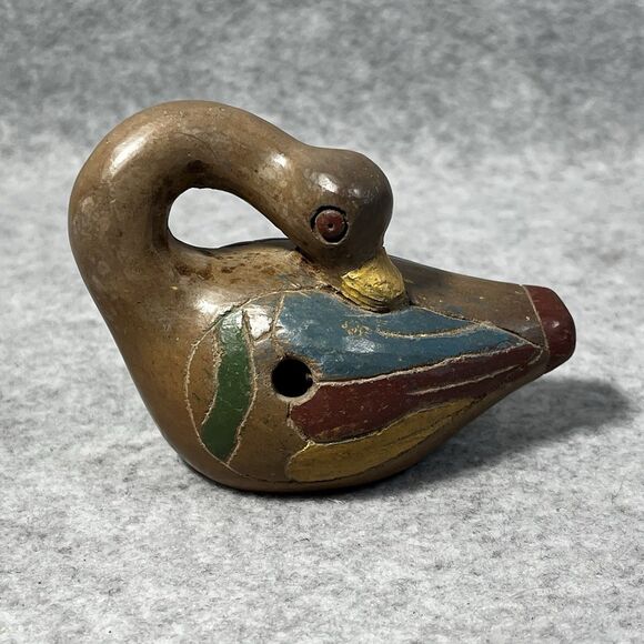 Vintage Pottery Hand Painted Clay Whistle Ocarina Flute Mexican Goose Folklore - Picture 1 of 8